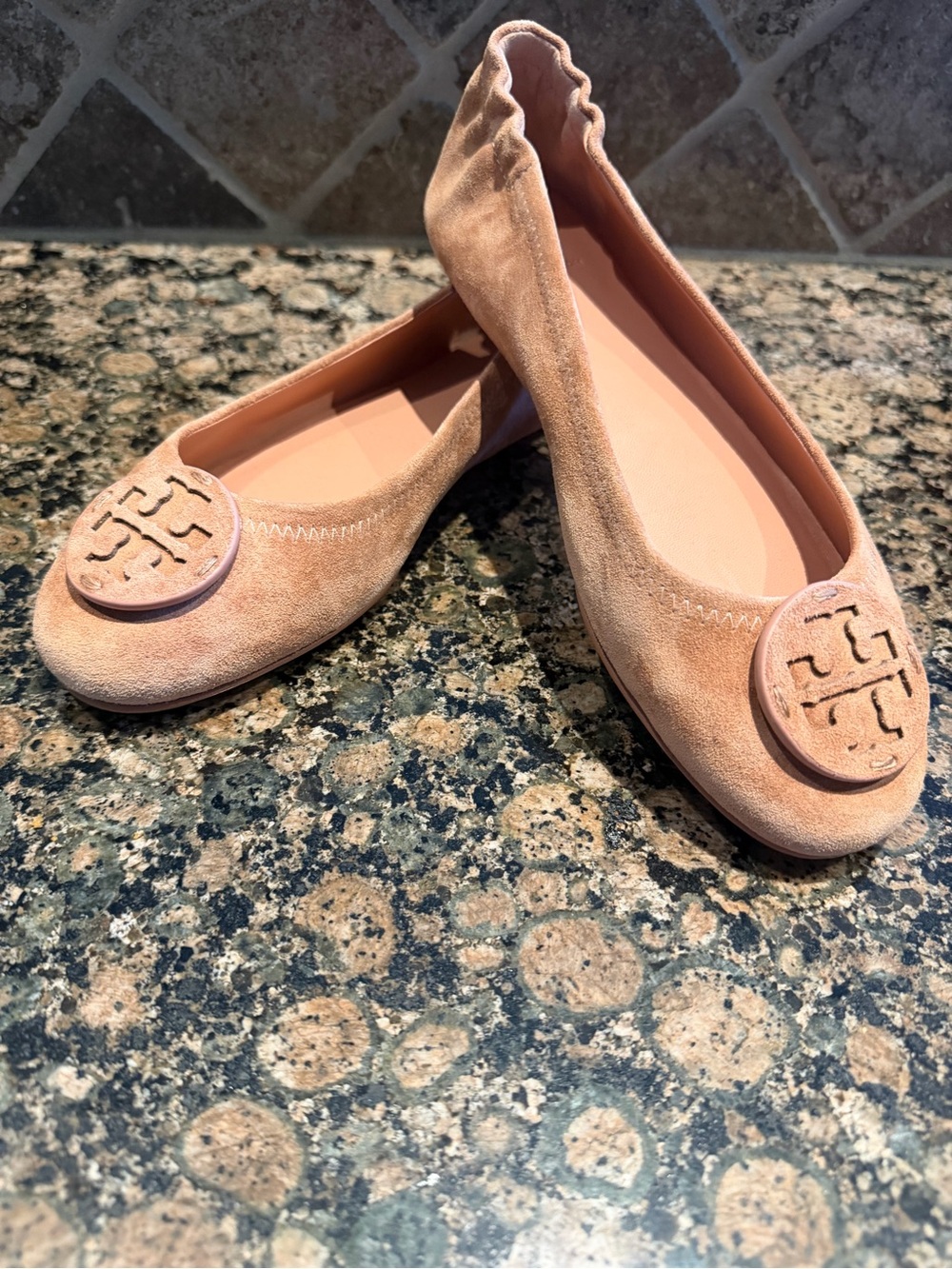 Tory Burch Blush Pink Suede Minnie Travel Ballet Flats -size 7